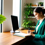 A thoughtful professional person, fully clothed in modest business attire, sits serenely at a clean, organized wooden desk in a sunlit study. The room features a vibrant green plant and a stack of inspiring books, reflecting an environment designed for growth. The person holds a pen poised over an open journal, immersed in introspection, symbolizing the cultivation of an inner spark. A subtle, warm light gently emanates from the journal, representing sustained inspiration. The scene is calm, professional, and promotes a sense of personal development. safe for work, appropriate content, fully clothed, family-friendly, perfect anatomy, correct proportions, natural pose, well-formed hands, proper finger count, natural body proportions, professional photography, high quality.