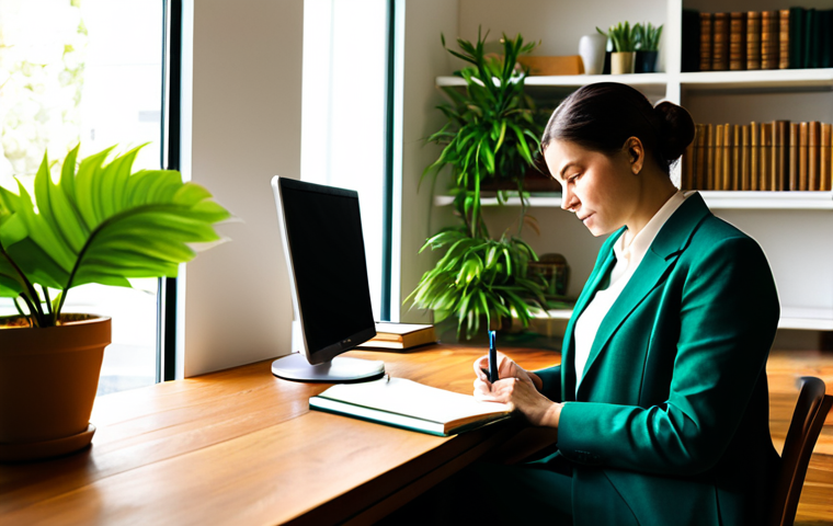 A thoughtful professional person, fully clothed in modest business attire, sits serenely at a clean, organized wooden desk in a sunlit study. The room features a vibrant green plant and a stack of inspiring books, reflecting an environment designed for growth. The person holds a pen poised over an open journal, immersed in introspection, symbolizing the cultivation of an inner spark. A subtle, warm light gently emanates from the journal, representing sustained inspiration. The scene is calm, professional, and promotes a sense of personal development. safe for work, appropriate content, fully clothed, family-friendly, perfect anatomy, correct proportions, natural pose, well-formed hands, proper finger count, natural body proportions, professional photography, high quality.