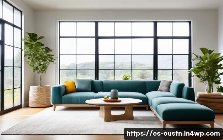 영감을 주는 지속 가능한 디자인 사례 - A modern living room interior showcasing sustainable design: furniture crafted from recycled PET bot...