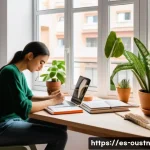 Home 21 자기 표현을 위한 지속 가능한 영감의 활용 - A cozy, sunlit creative workspace in a modern Spanish apartment, featuring a tidy corner with warm n...