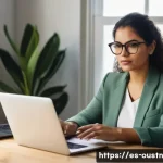 Home 20 디지털 네이티브를 위한 지속 가능한 영감 관리 - A young Hispanic professional woman sitting at a modern desk in a cozy home office, surrounded by mu...