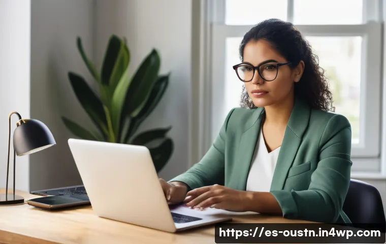 디지털 네이티브를 위한 지속 가능한 영감 관리 - A young Hispanic professional woman sitting at a modern desk in a cozy home office, surrounded by mu...