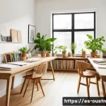 Home 19 창의성을 높이는 지속 가능한 방법 - A cozy creative workspace bathed in soft natural light from a large window, featuring organized wood...
