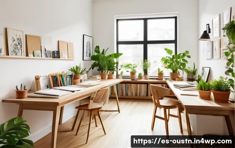 창의성을 높이는 지속 가능한 방법 - A cozy creative workspace bathed in soft natural light from a large window, featuring organized wood...