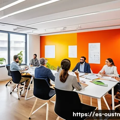 Home 30 비즈니스에서의 지속 가능한 영감 관리 전략 - A vibrant, modern office space in Spain with diverse professionals collaborating around a large tabl...