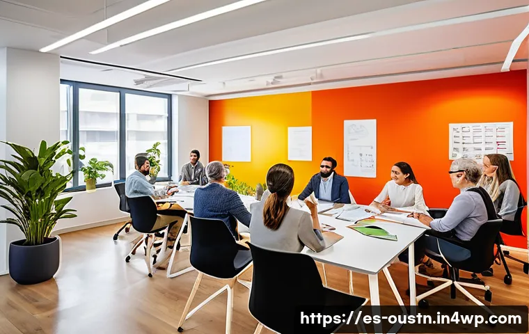 비즈니스에서의 지속 가능한 영감 관리 전략 - A vibrant, modern office space in Spain with diverse professionals collaborating around a large tabl...